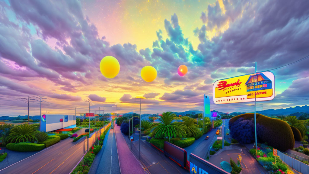 Surreal Dusk Landscape with Glowing Orbs and Neon Sign