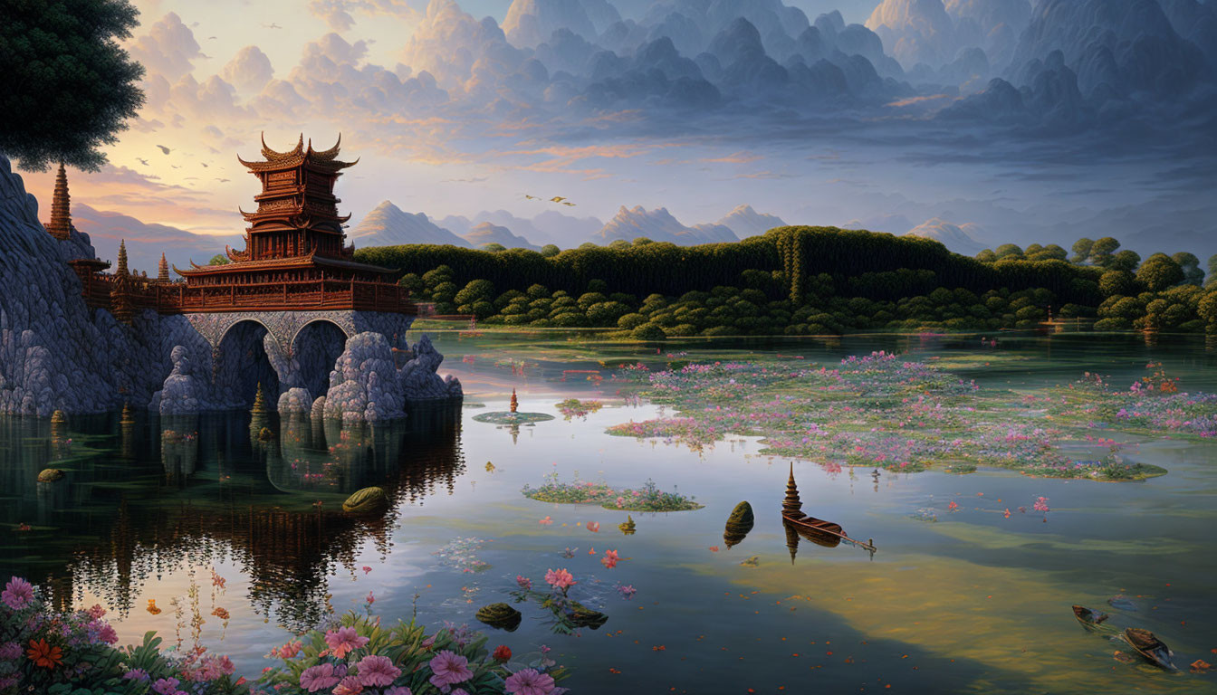 Tranquil landscape with pagoda, arched bridge, lotus flowers, mountains, and boat