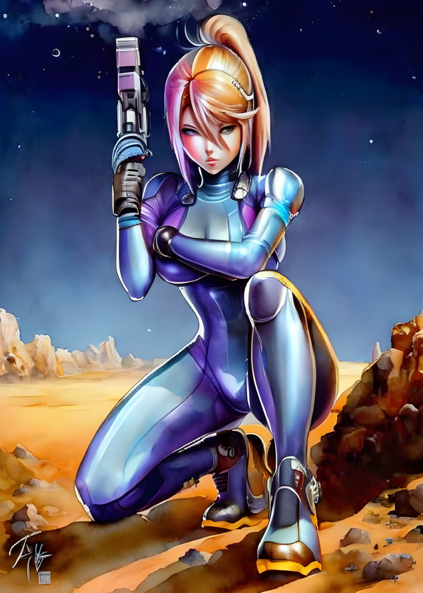 Female anime character in blue space suit with large gun under starry sky and rocky terrain, featuring pink