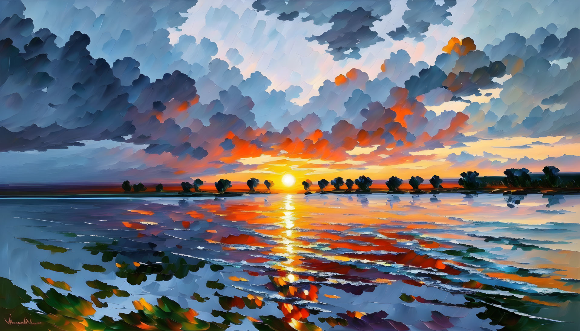Vibrant Impressionist Sunset Painting with Orange and Blue Hues