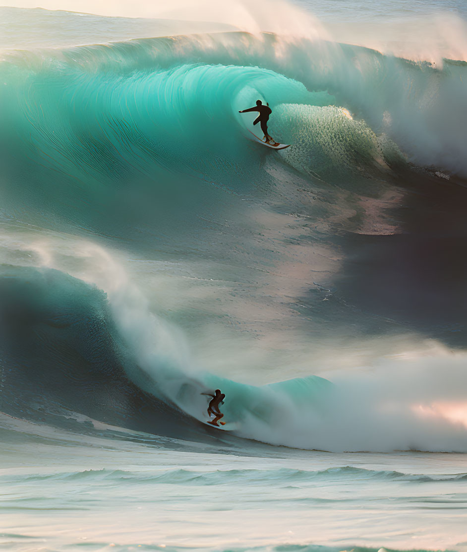 Surfers riding towering waves in serene ocean backdrop