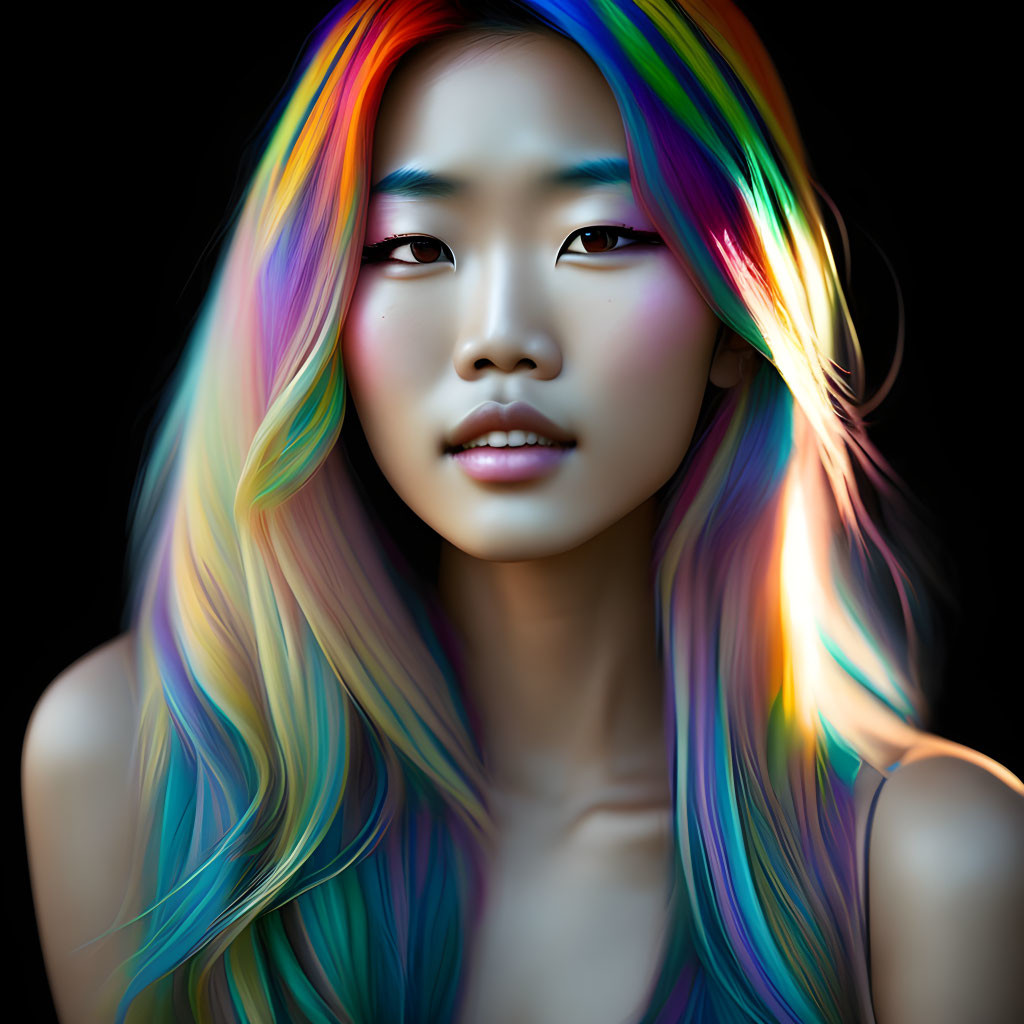 Multicolored rainbow hair woman portrait on black background