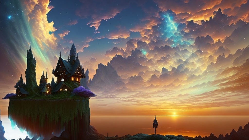 Floating island with castle at sunset and lone figure gazing at horizon