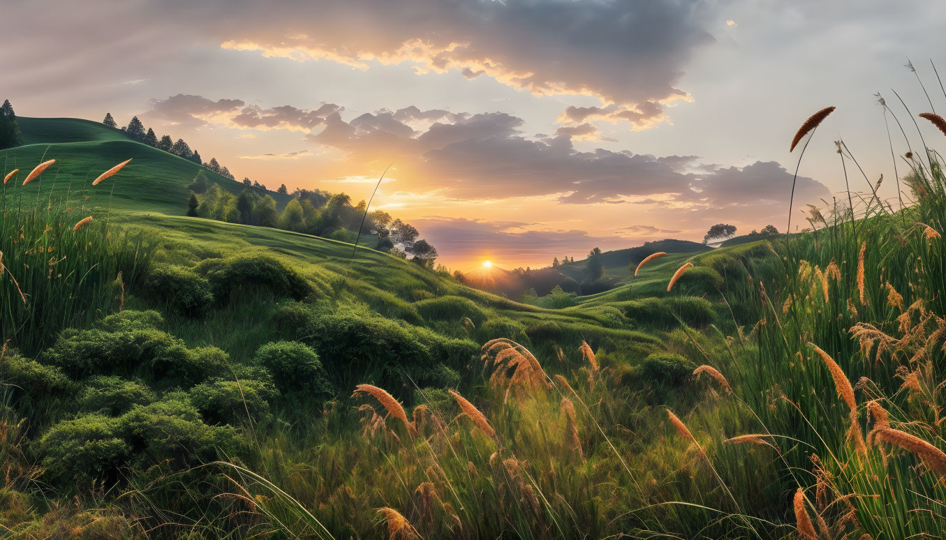 Scenic sunset over lush green hills and wild grass