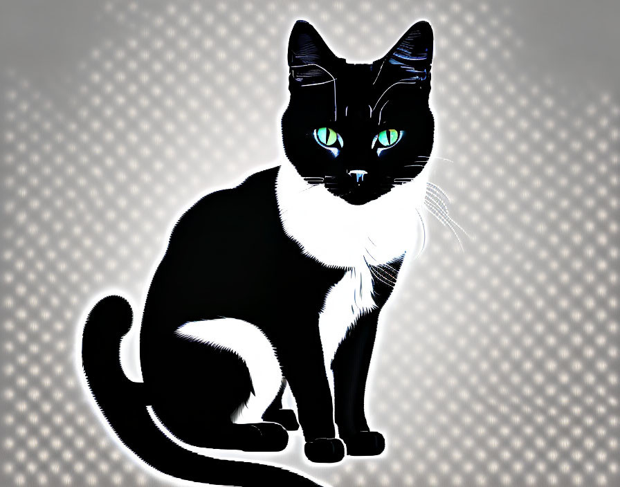 Stylized black and white cat with green eyes on dotted gray background