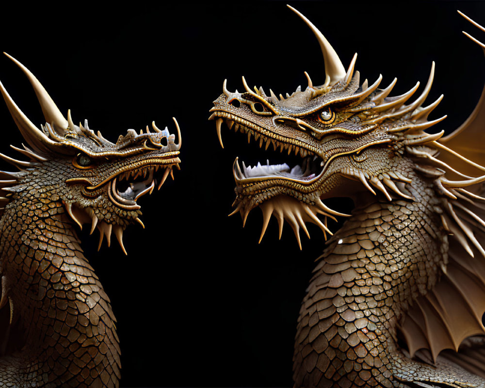 Two fierce dragons with sharp horns and scales facing off on dark background