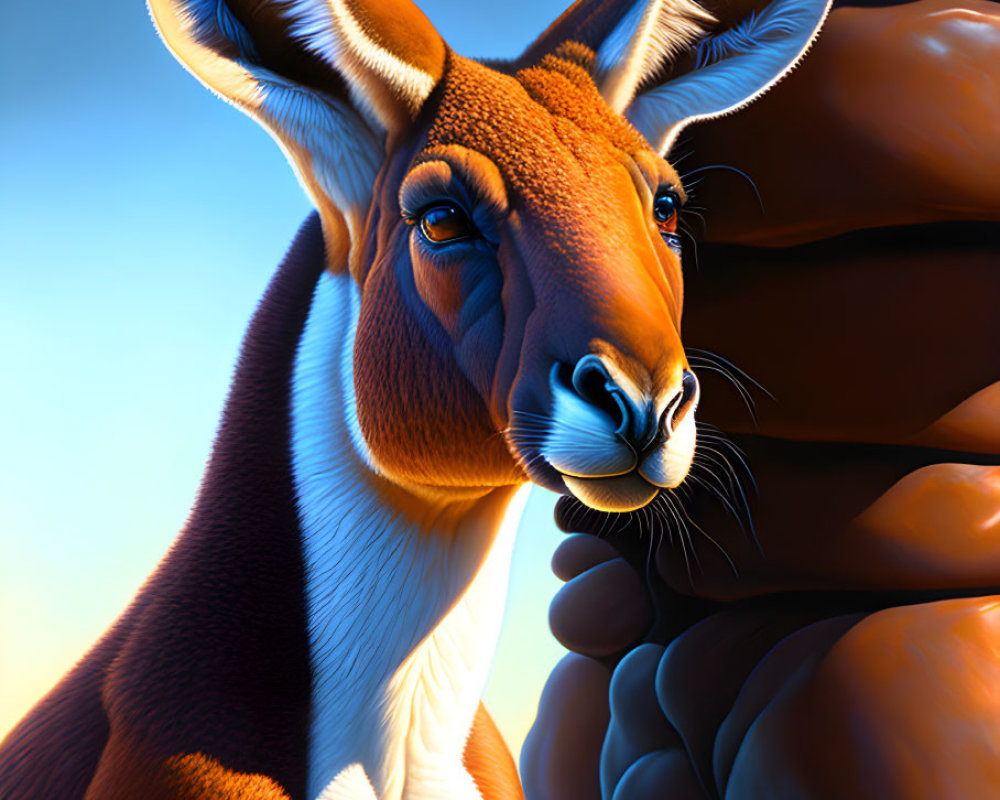 Stylized digital art: Kangaroo with prominent ears and sharp gaze against rock formations under warm light