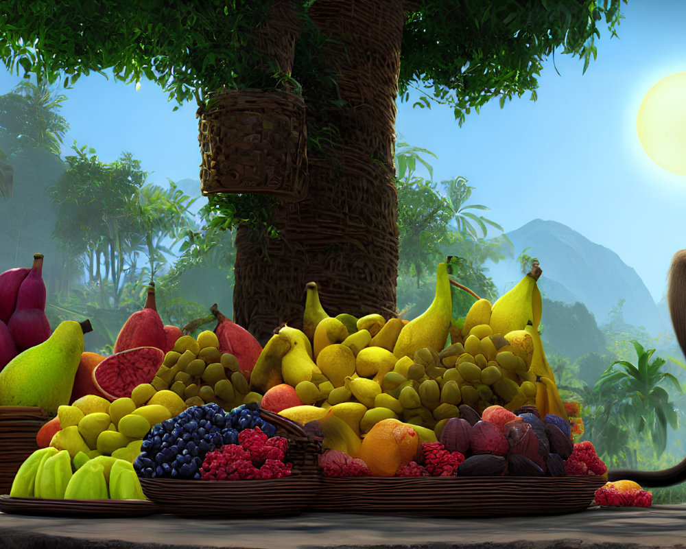 Assorted Fruits in Baskets with Monkey, Mountains, and Sunset