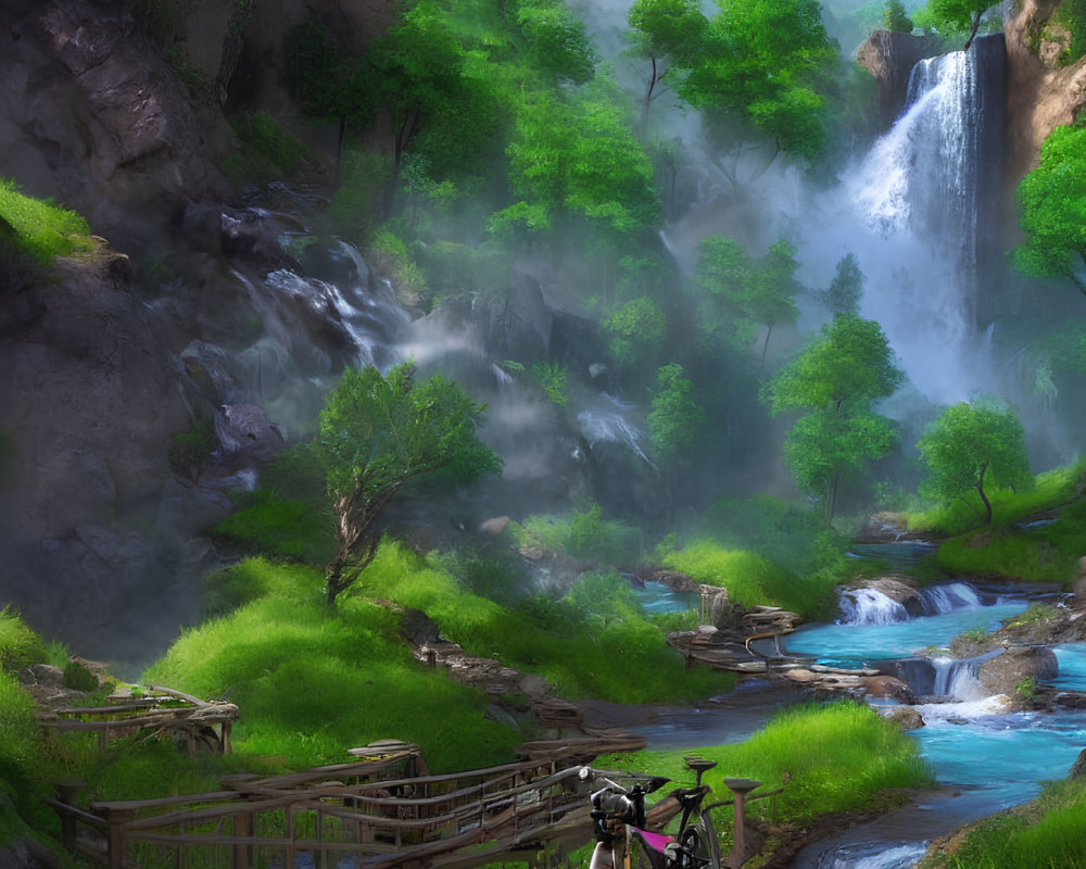 Tranquil landscape with waterfall, greenery, bridge, and bicycle