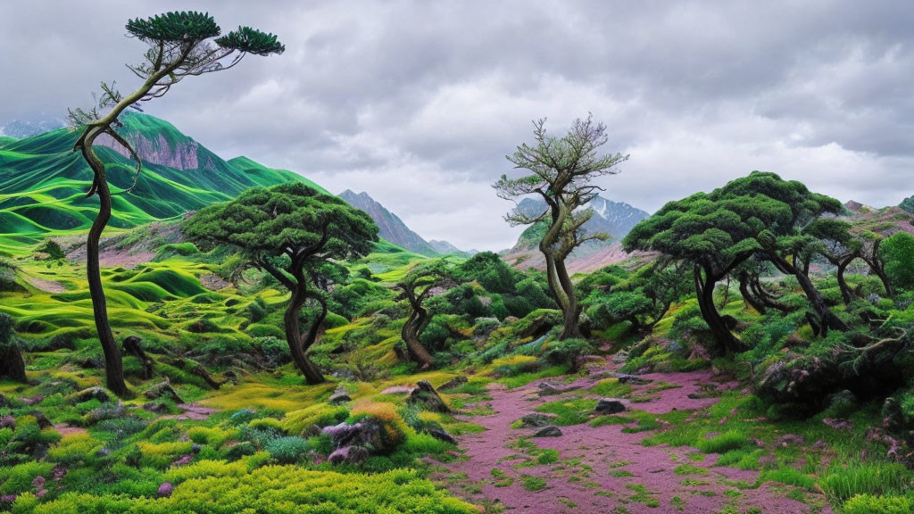 Colorful landscape with green trees, grassy hills, and purple mountains under cloudy sky.