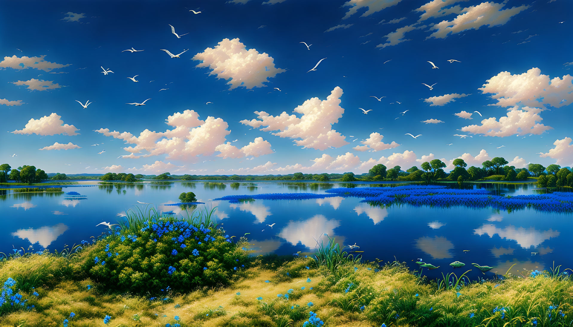 Tranquil lakeside scene with greenery, blue flowers, clear sky, and birds