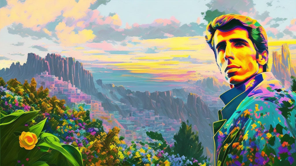 Colorful artwork of man in floral jacket against sunset landscape