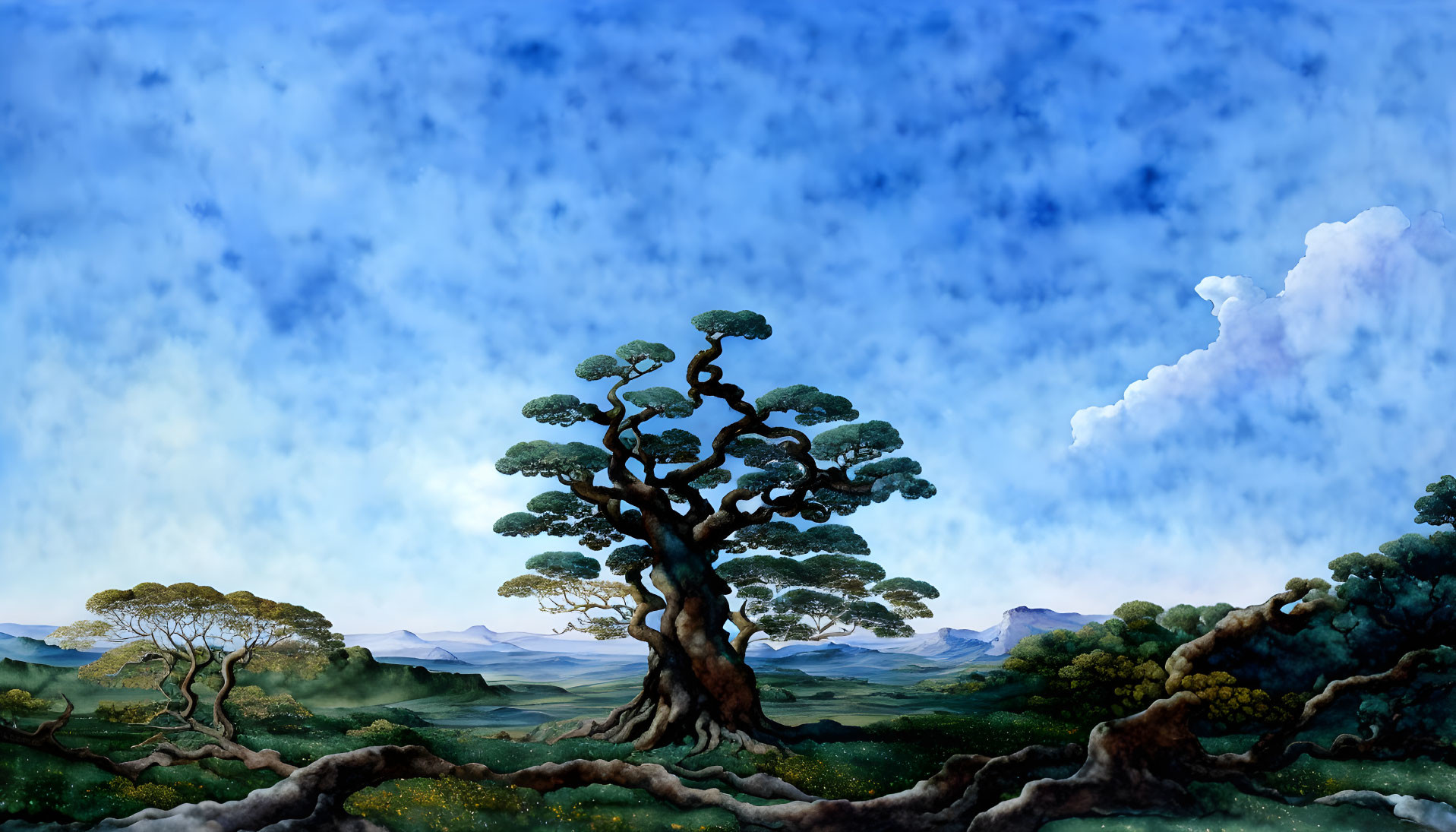 Stylized painting of lush tree against green hills