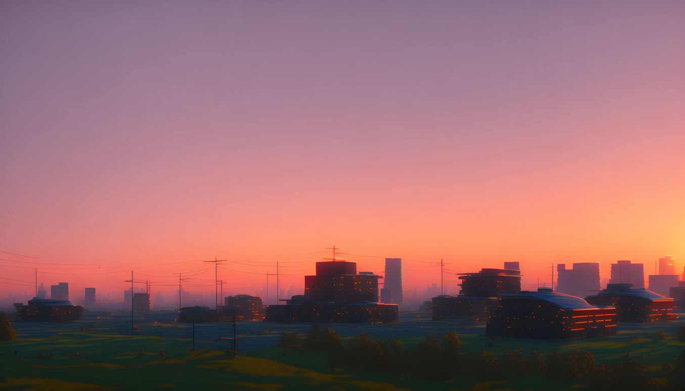 Sunrise cityscape with silhouetted buildings and power lines in warm pink and orange sky