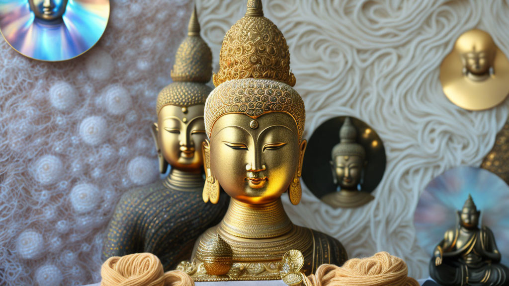 Golden Buddha Statue Among Various Buddha Figures on Textured Backdrop