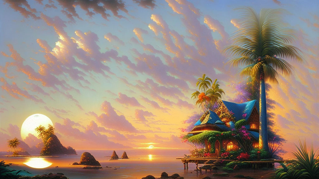 Tropical sunset with palm trees, overwater hut, full moon, and pastel sky