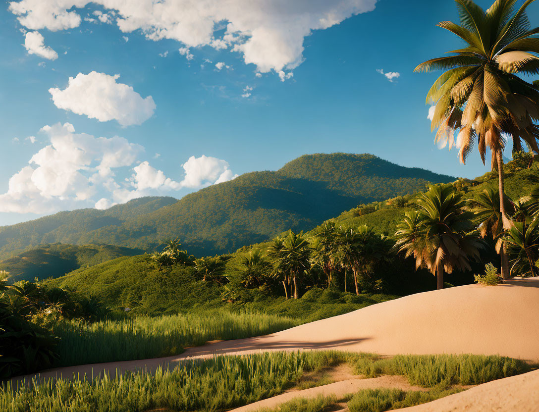 Tropical landscape with green mountains, palm trees, sandy dunes