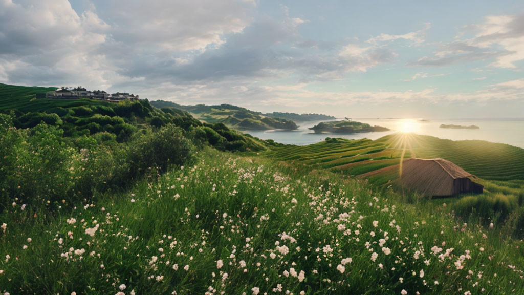 Scenic landscape: green hills, white flowers, house, calm sea, sunrise sky.