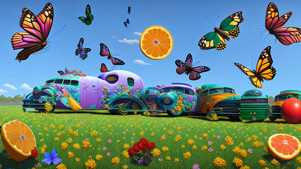 Colorful vintage cars in flower field with oranges and butterflies under blue sky