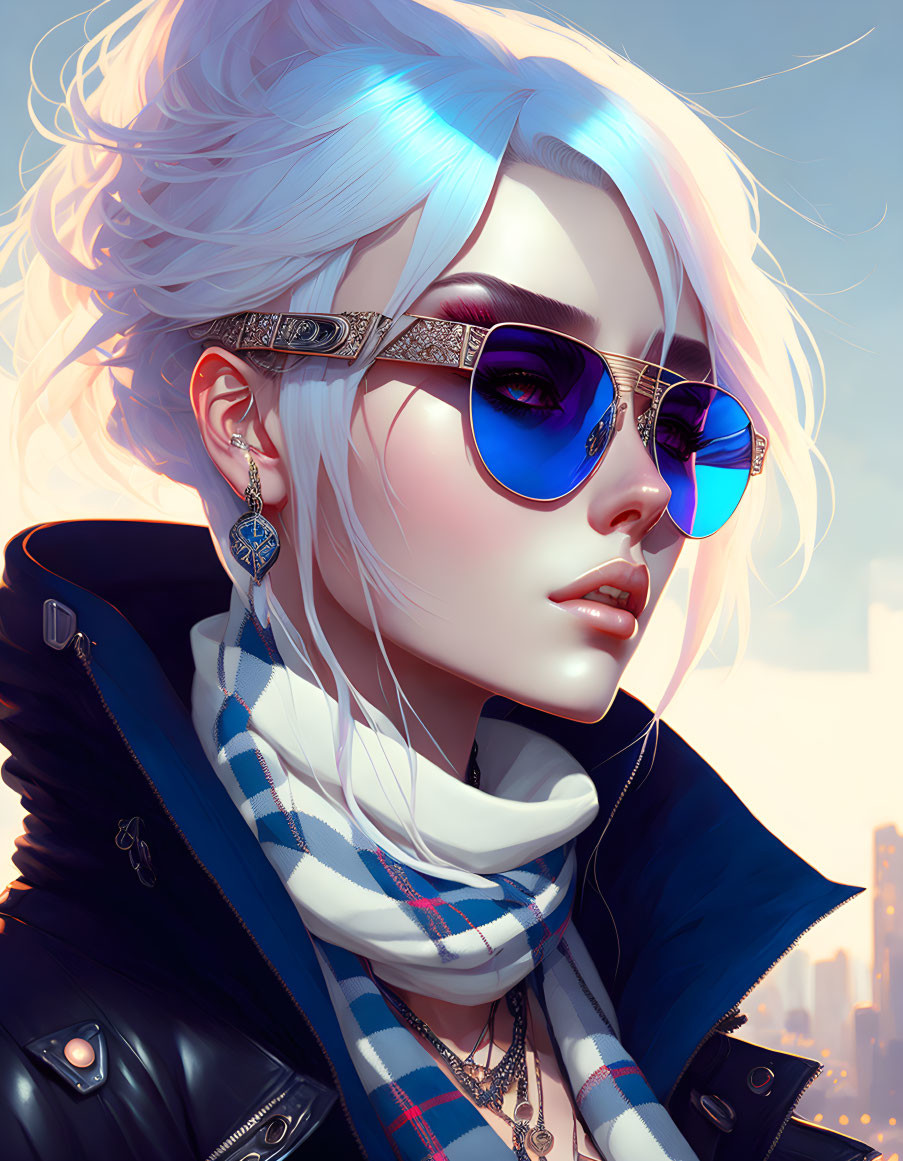 Digital portrait of woman with blue hair, sunglasses, headband, scarf, and leather jacket against city