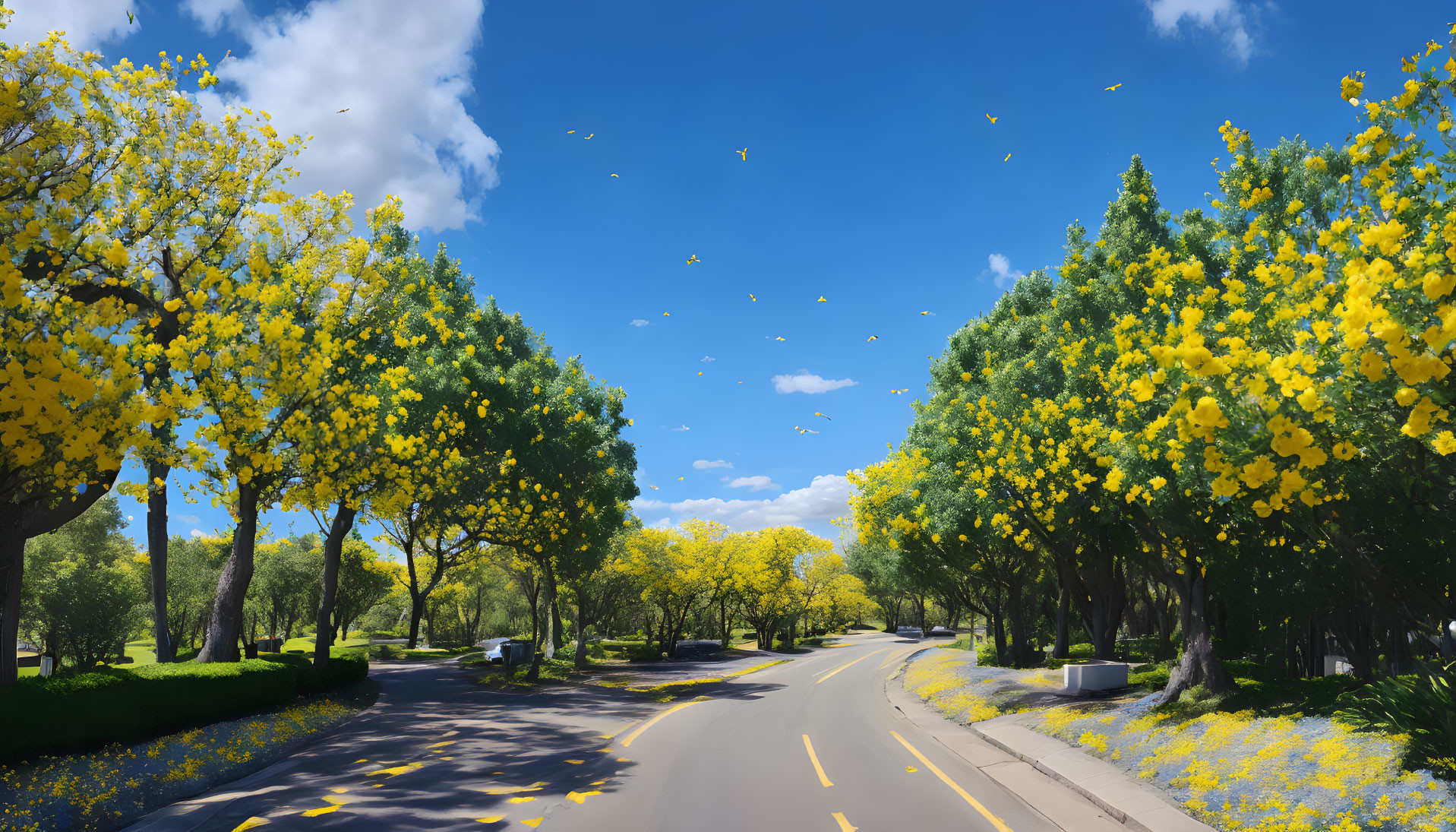 Scenic road with lush trees, yellow flowers, birds, and petals under blue sky