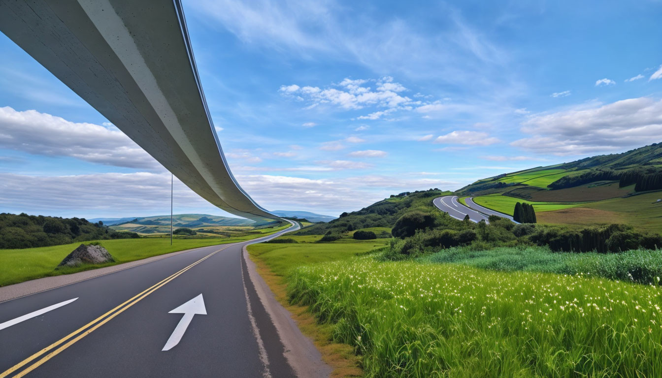 Curving highway overpass in green hills under blue sky