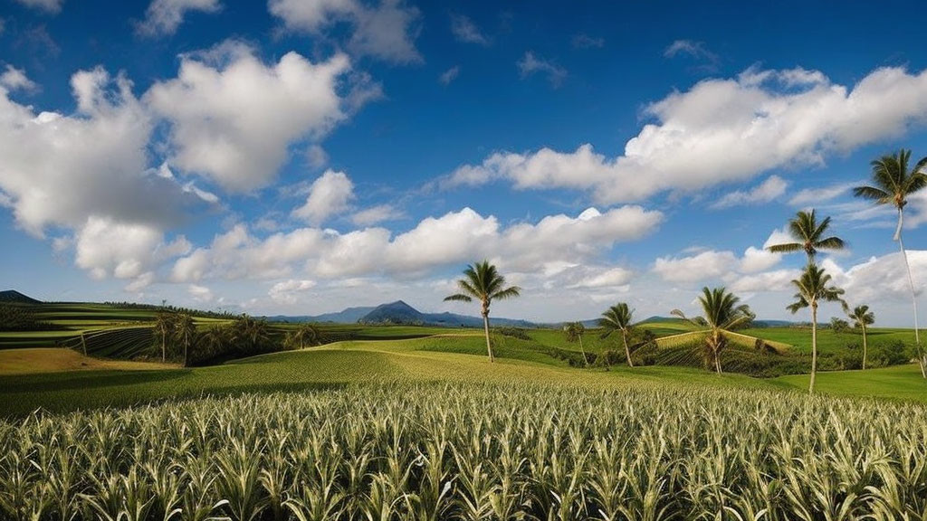 Scenic landscape: rolling hills, green fields, palm trees, mountain