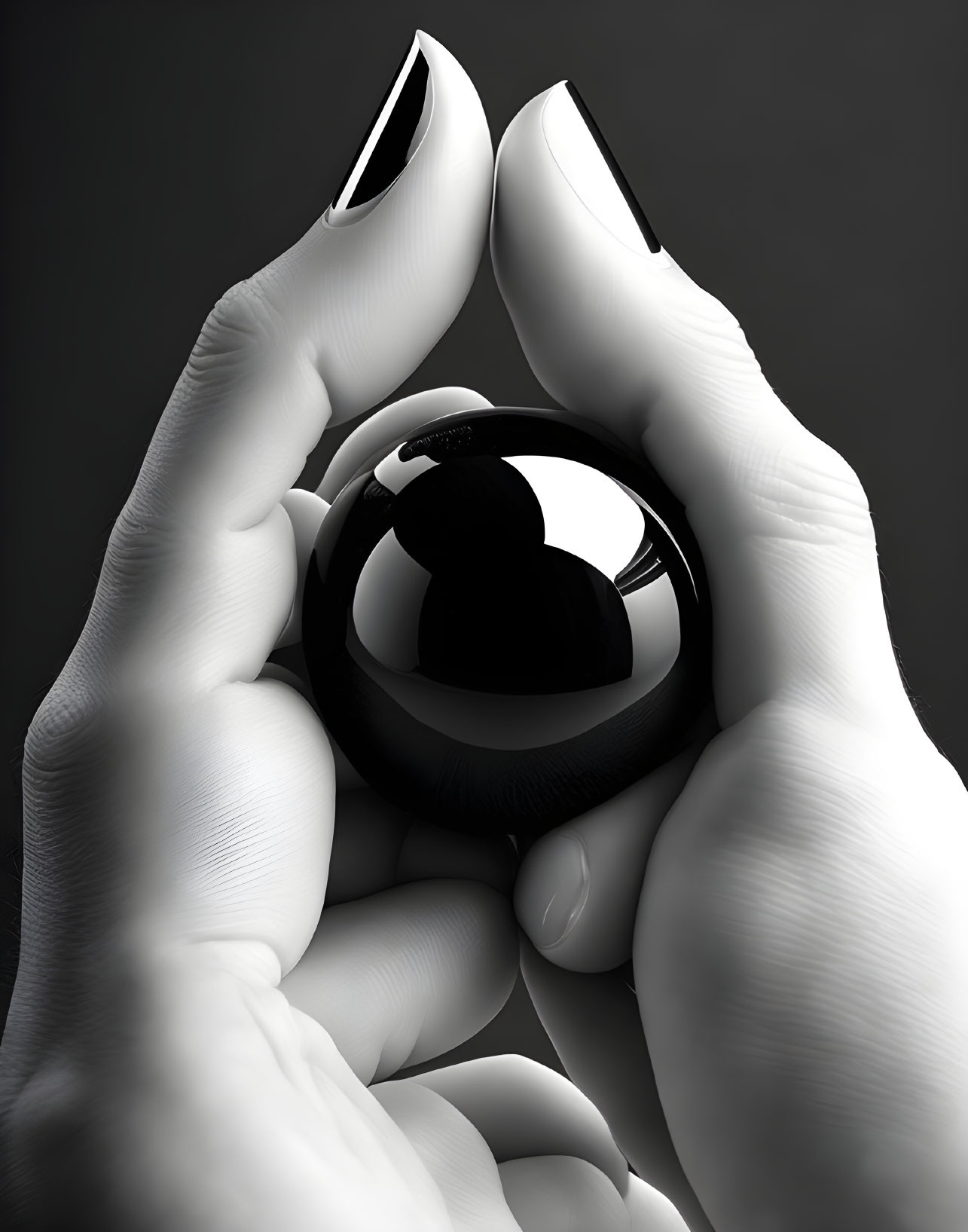 Reflective sphere held by hands on dark background.