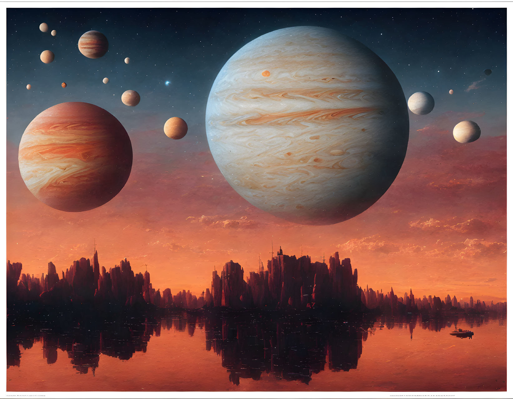 Detailed Sci-Fi Landscape: Large Planets, Alien Lake, Rock Formations