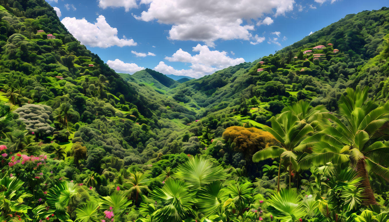 Scenic landscape of lush green hills and tropical vegetation