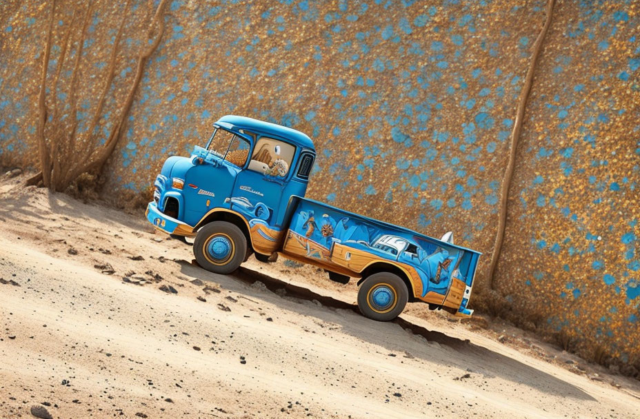 Blue Vintage Pickup Truck on Dusty Road with Graphics