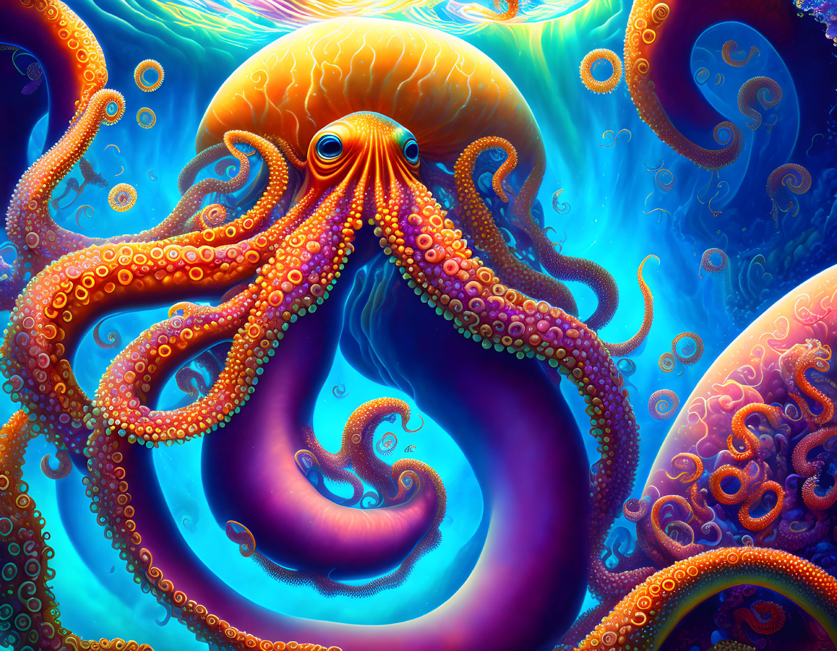 Colorful octopus illustration with intricate tentacle patterns on vibrant backdrop