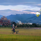 Person walking to Asian pagoda with foxes under surreal sky