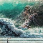 Surfers riding towering waves in serene ocean backdrop