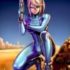 Female anime character in blue space suit with large gun under starry sky and rocky terrain, featuring pink