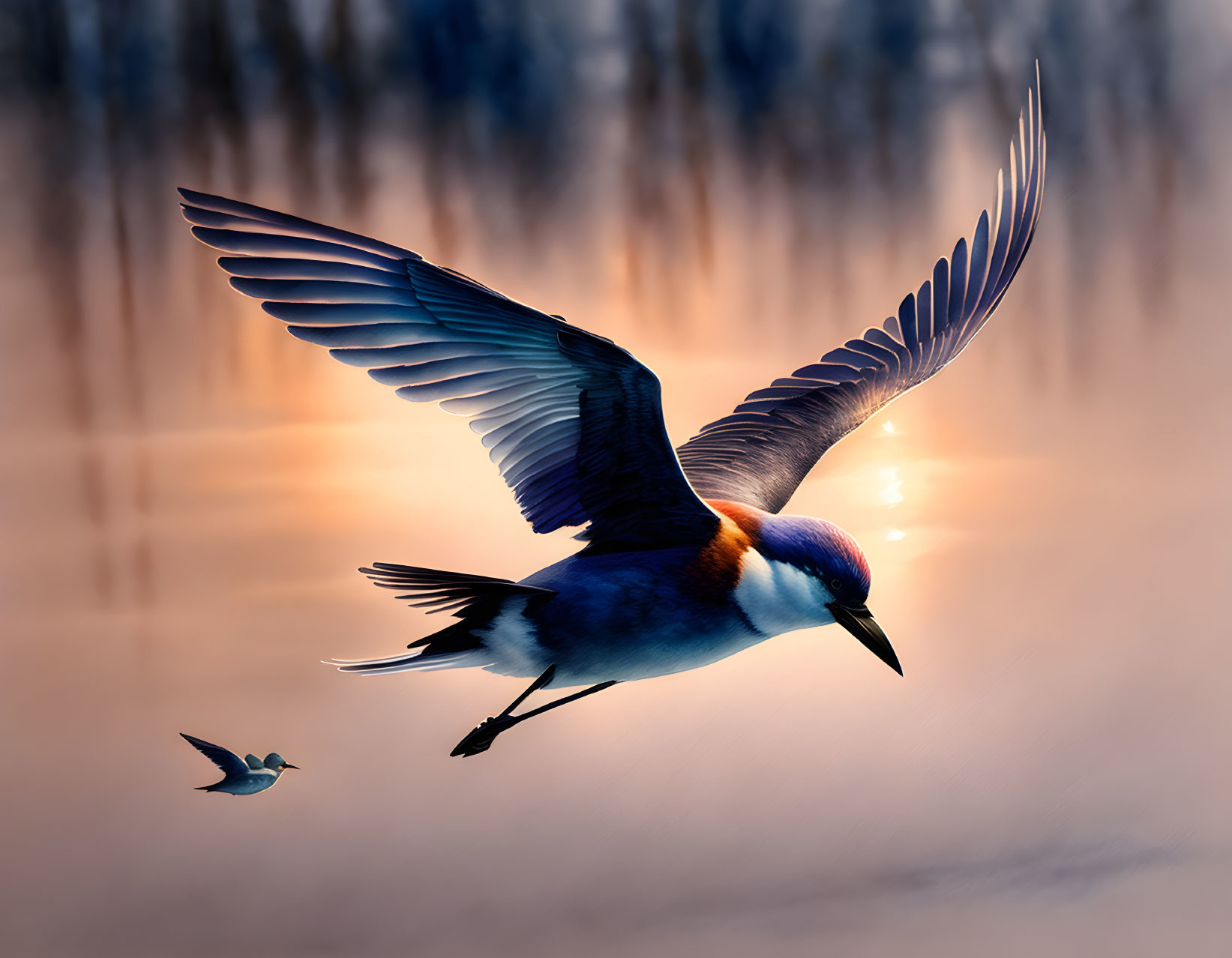 Blue and White Plumage Bird Flying Over Water Reflection in Soft Light