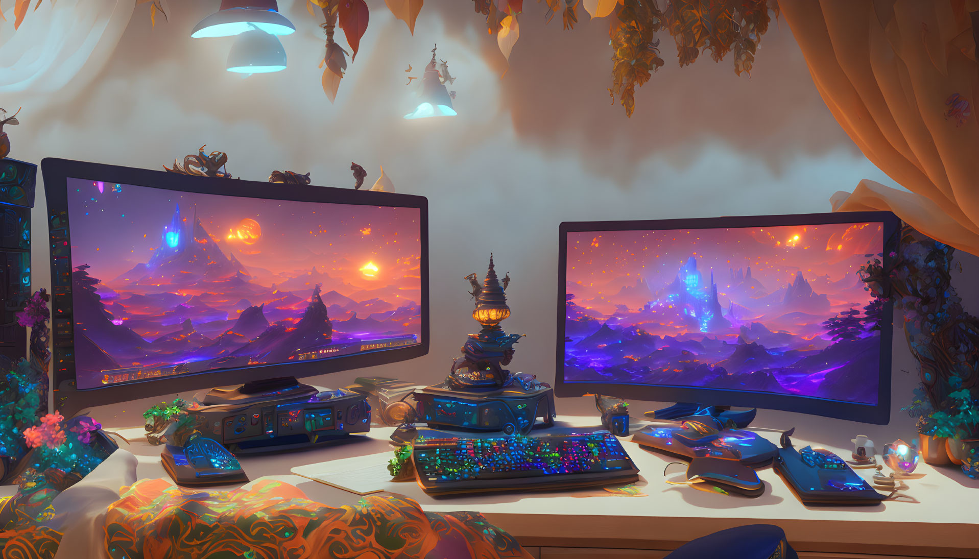 Dual monitor gamer setup with fantasy landscape wallpaper, colorful keyboard, decorative figurines, plants, and cozy