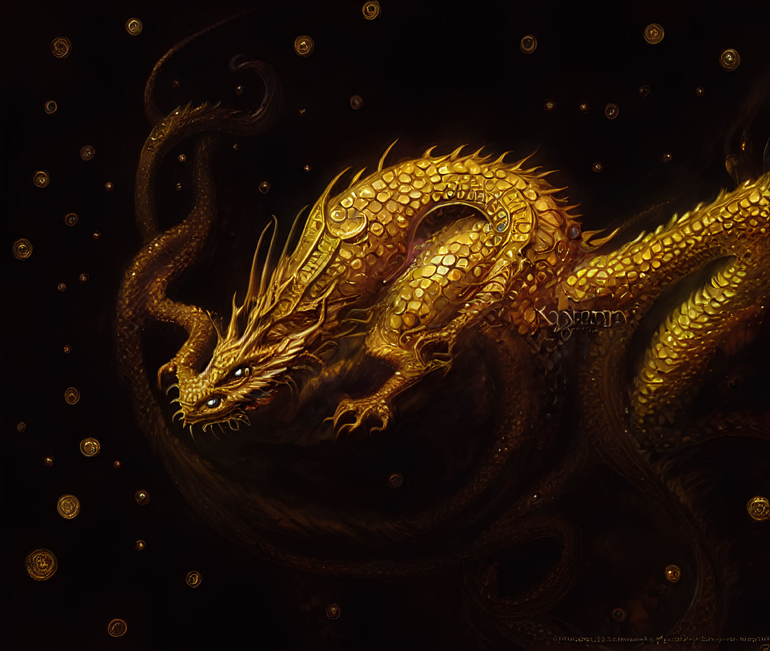 Golden Serpentine Dragon with Glowing Blue Eyes and Orbs on Dark Background