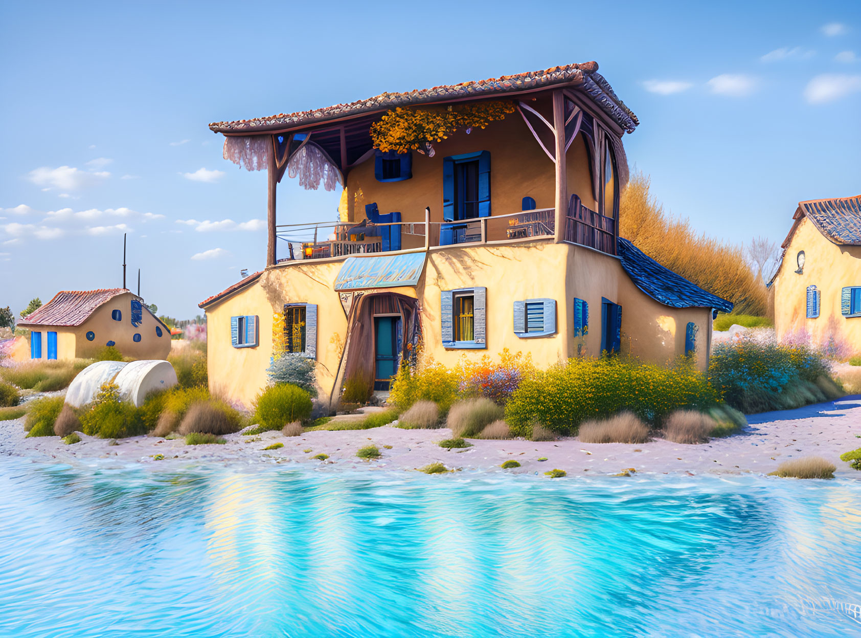 Yellow Coastal Houses with Blue Shutters and Terracotta Roofs Near Serene Blue Water