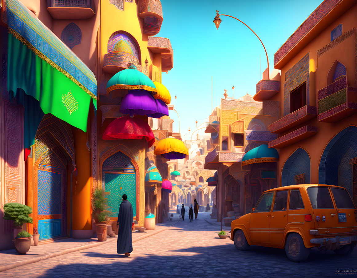 Colorful Street Scene with Traditional Buildings, Orange Car, and People Under Blue Sky