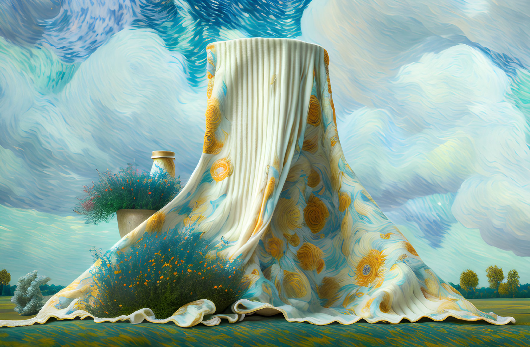 Surreal scene blending Starry Night sky with draped fabric and sunflowers