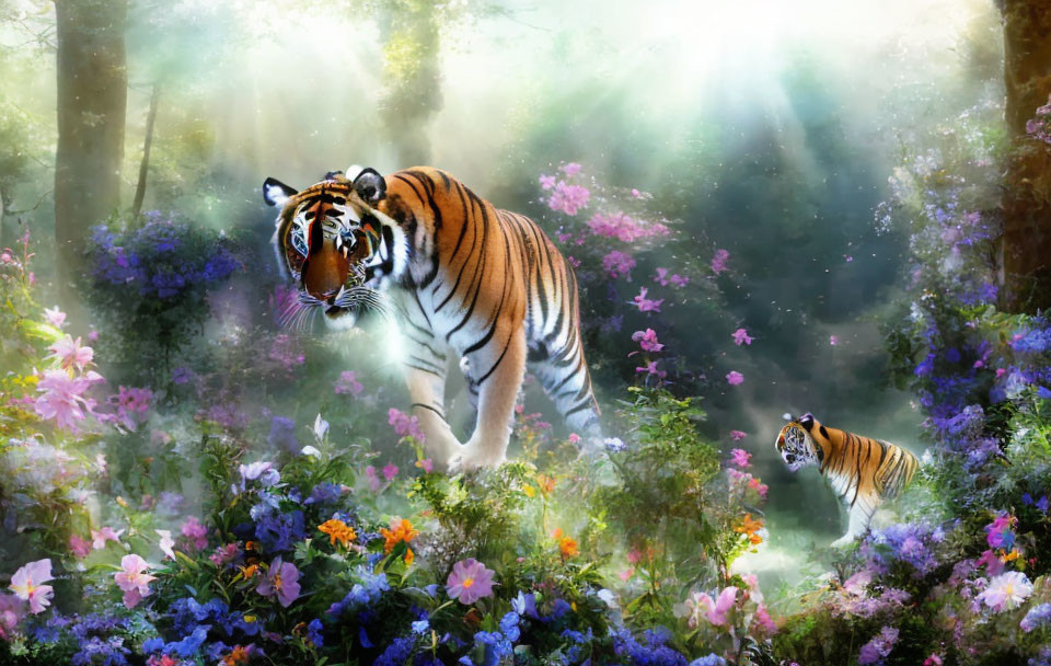 Two tigers in vibrant floral forest under sunbeams, one in misty background