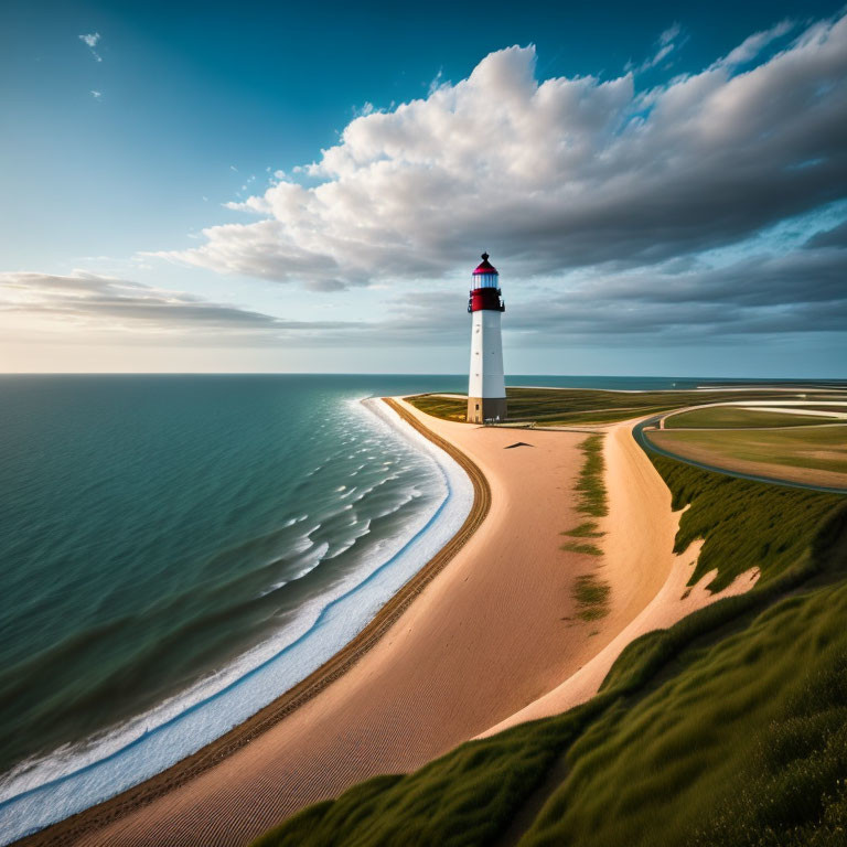 White lighthouse on coastal shoreline with green dunes under dramatic sky