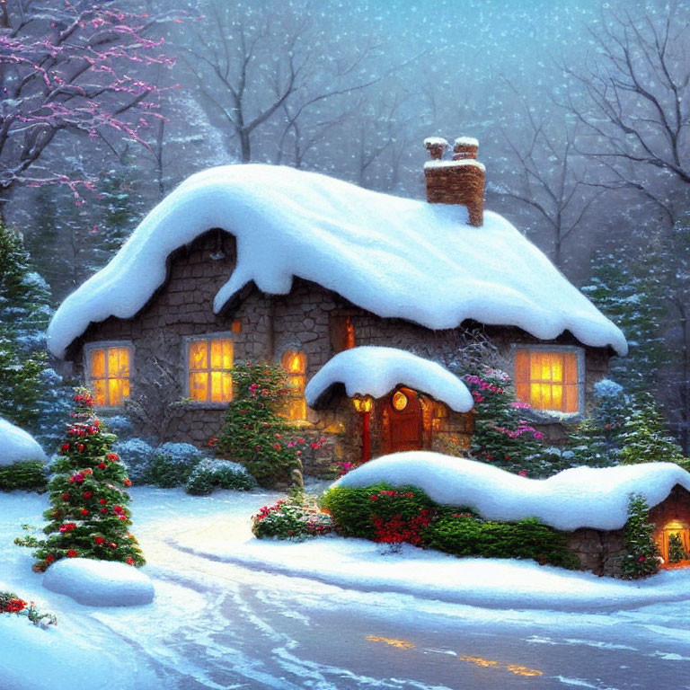 Snow-covered cottage with warm lights in serene winter scene