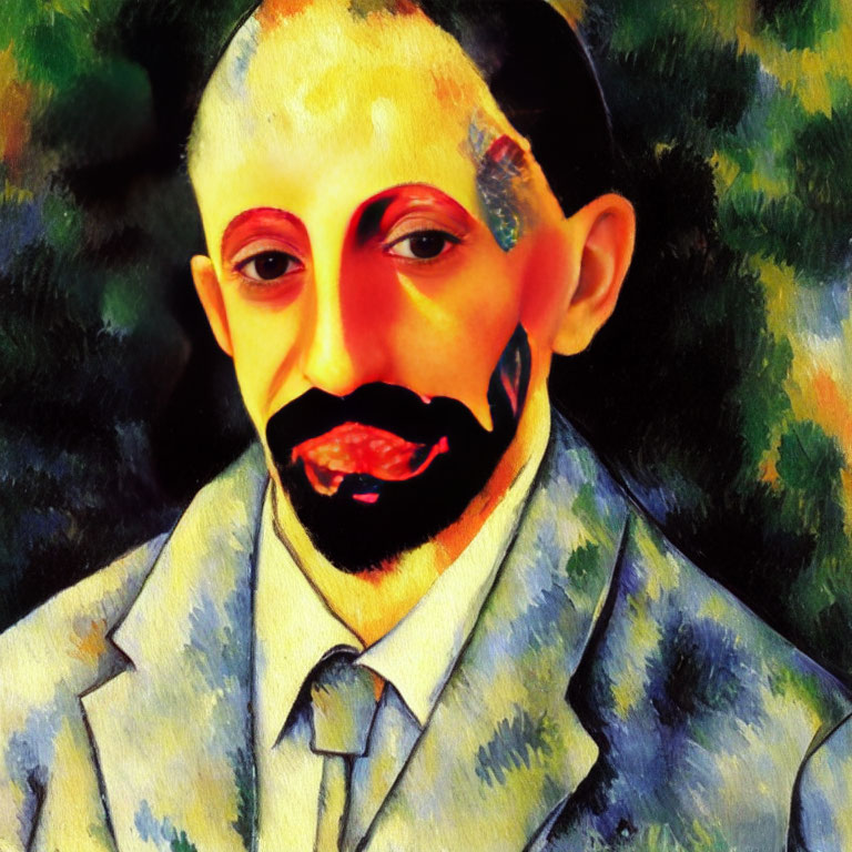 Colorful Post-Impressionist painting of man with mustache and goatee