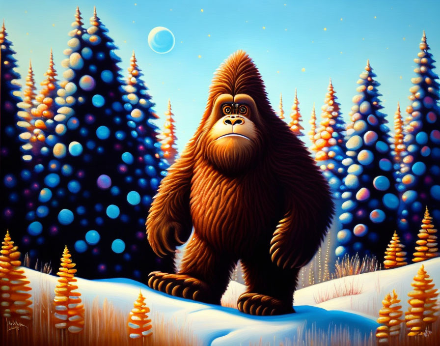 Whimsical yeti creature in snowy forest with colorful trees