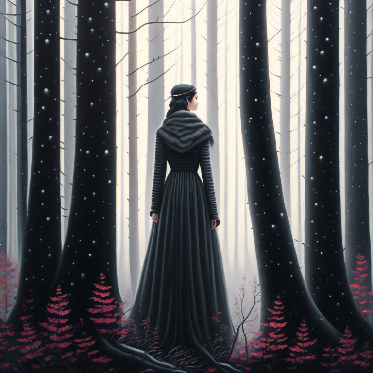 Mystical forest scene with woman in dark dress