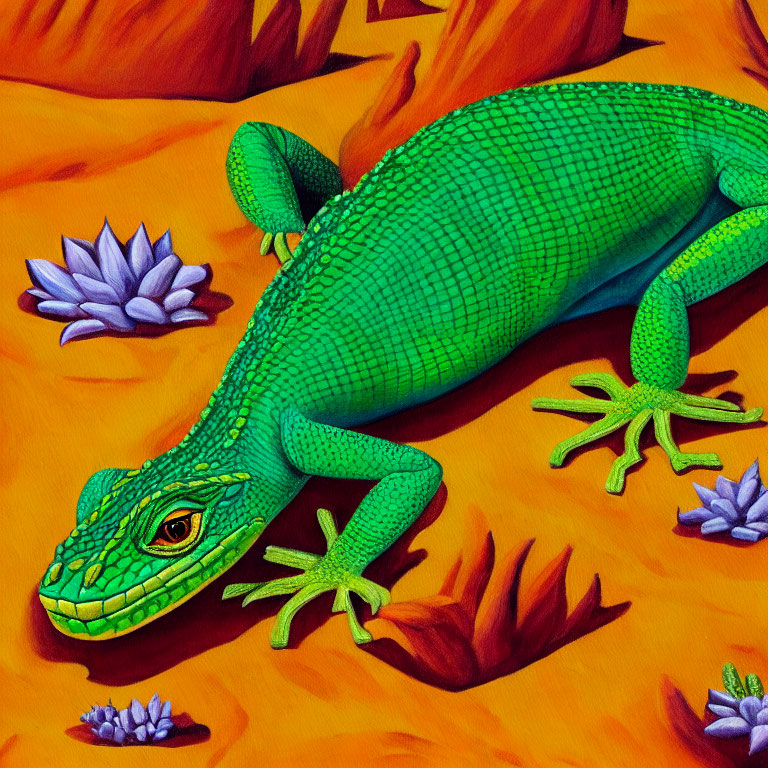 Colorful Illustration of Green Lizard on Orange Background with Purple and Blue Plants