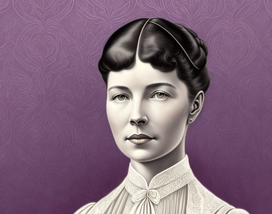 Vintage-style illustration of woman with center-parted updo in high-collared blouse on purple background