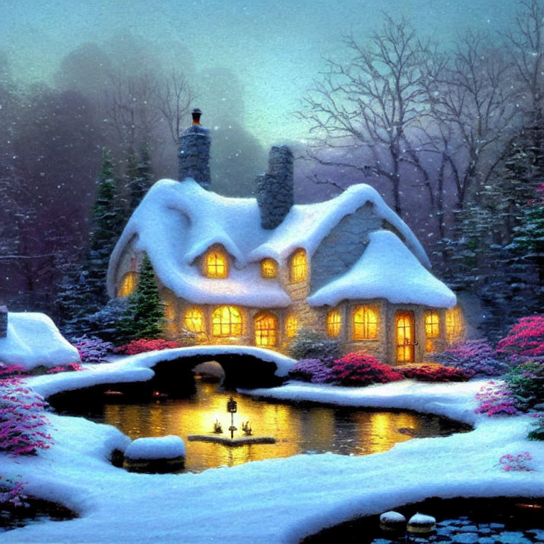 Snow-covered cottage in serene winter forest with illuminated bridge